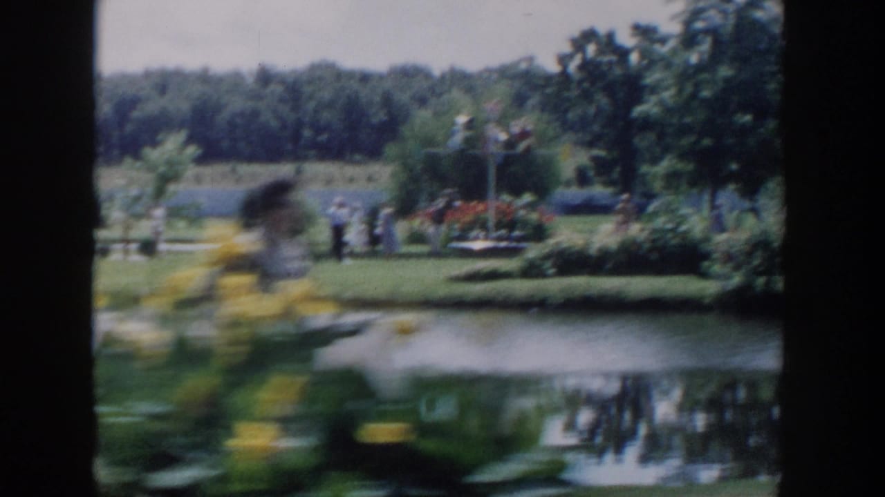 1954 Wisconsin Dells 8mm frame showing a blurred pan past flowers, visitors, trees, and a reflective lake shore.