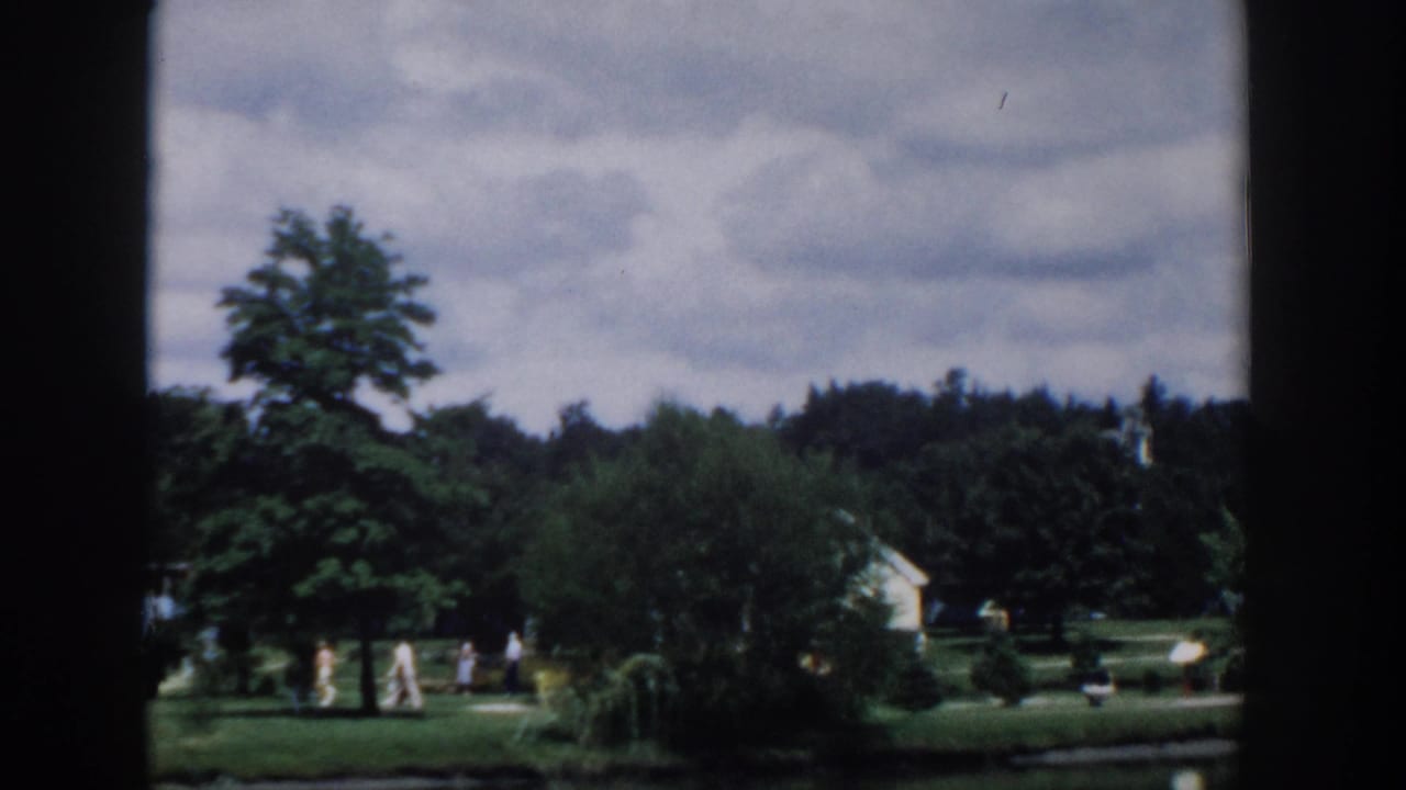 1954 Wisconsin Dells 8mm frame showing a green park lawn, trees, distant visitors, and a cloudy sky from a moving viewpoint.