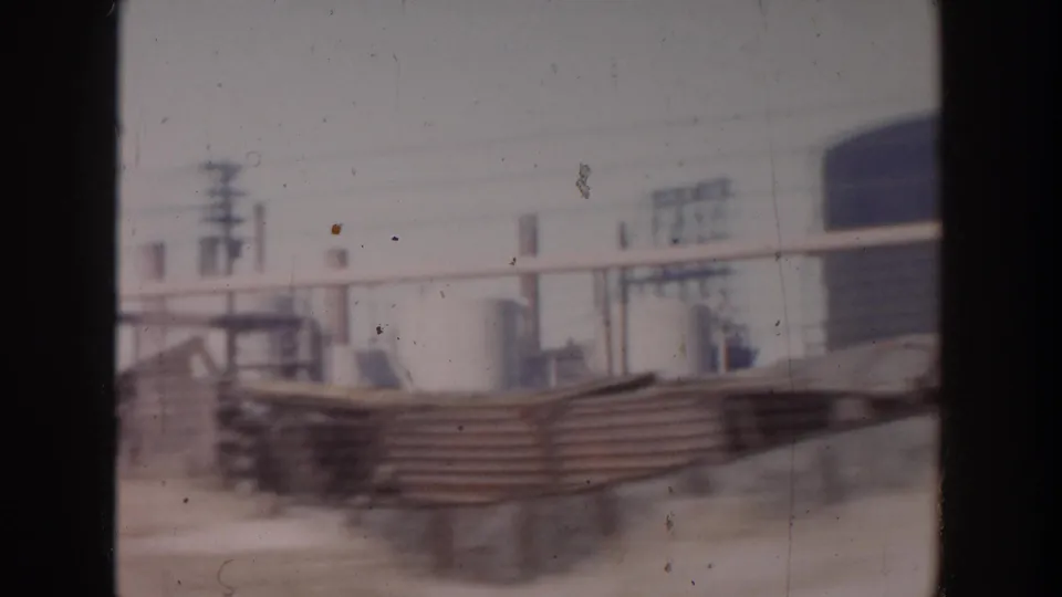 Grand Rapids industrial area with low buildings, fencing, utility poles, and blurred foreground movement in 1956 footage.