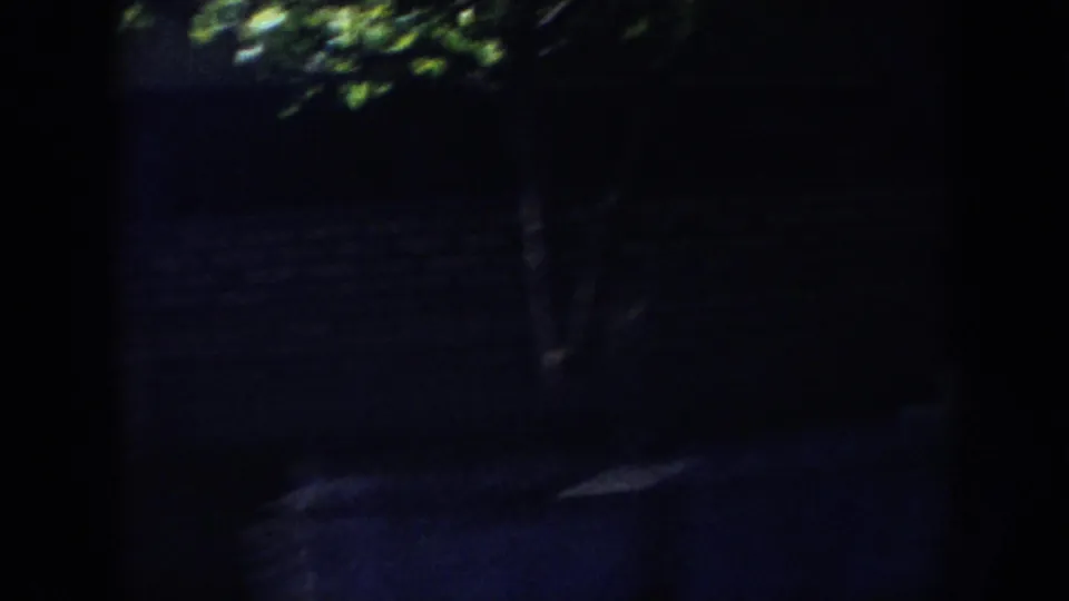 Dark 1956 home-movie frame from inside a vehicle, with a seated silhouette and a brief glimpse of greenery outside.