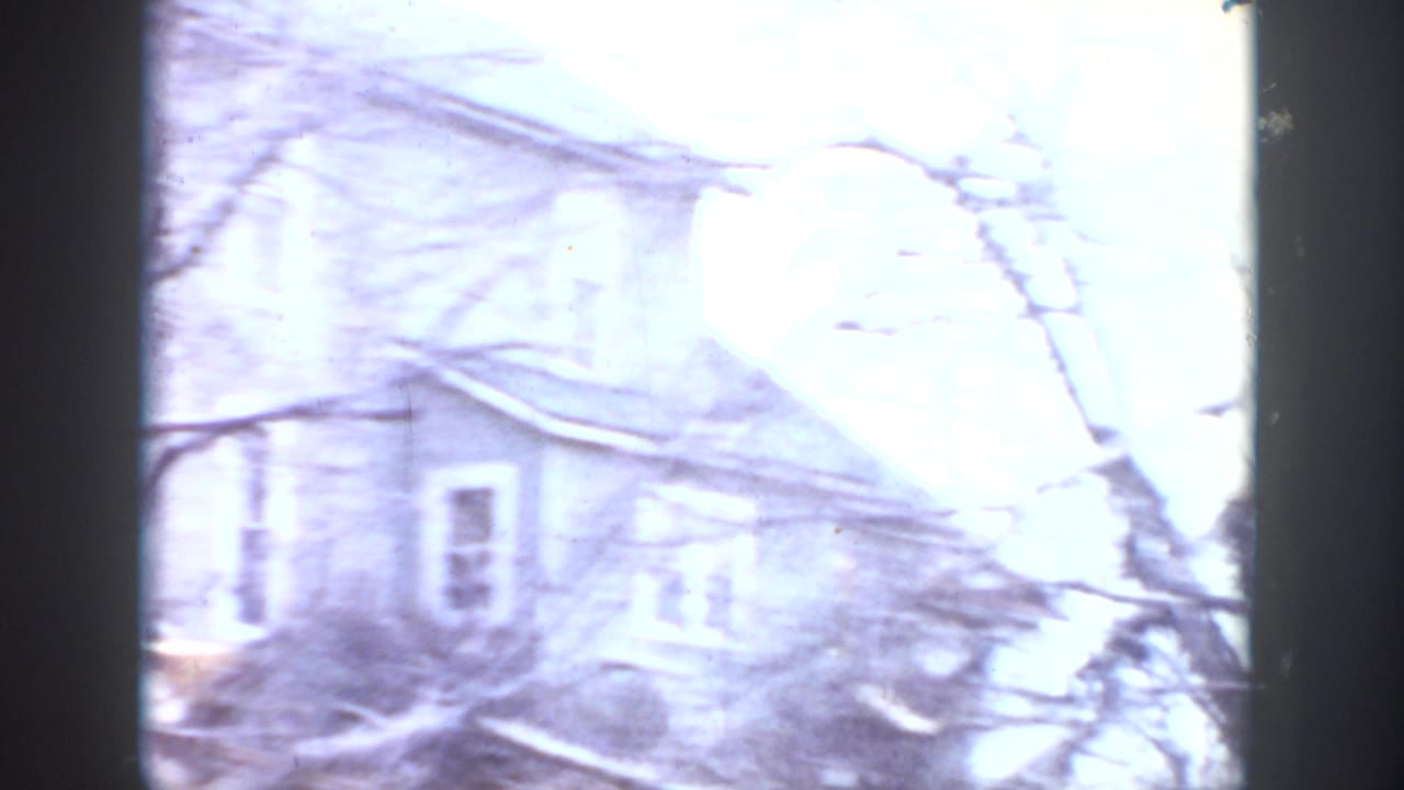 Blurred house exterior and bare branches seen through a window.