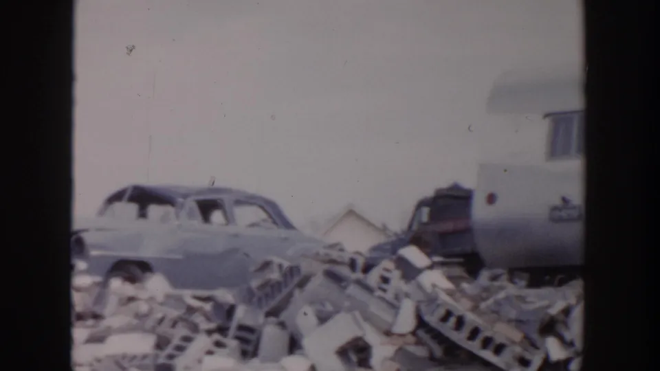 A 1950s sedan and white travel trailer appear amid rubble in the Grand Rapids tornado aftermath footage.