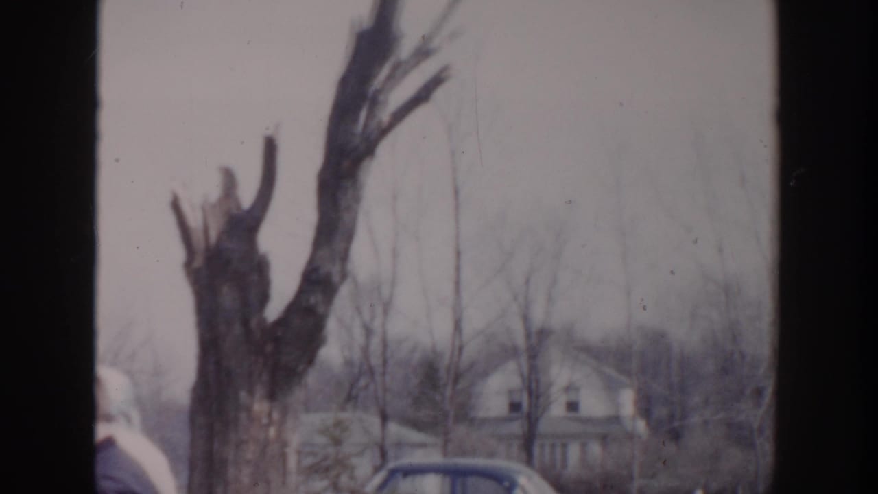 1956 Grand Rapids home-movie frame showing bare trees, a house, pale winter ground, and the roofline of a classic car.