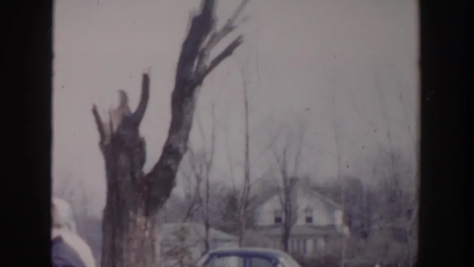 1956 Grand Rapids home-movie frame showing bare trees, a house, pale winter ground, and the roofline of a classic car.
