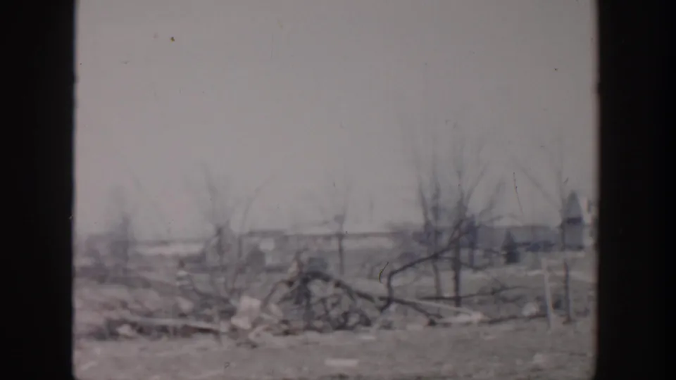 1956 Grand Rapids frame with broken branches, bare trees, debris, and distant residential structures under an overcast sky.