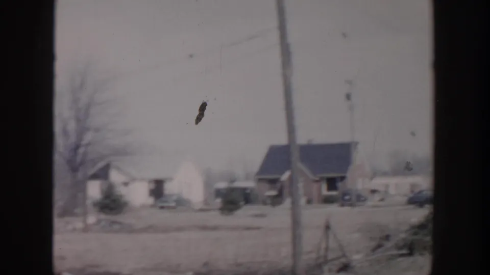 1956 Grand Rapids neighborhood view with small houses, utility poles, parked cars, and winter-bare trees under gray sky.