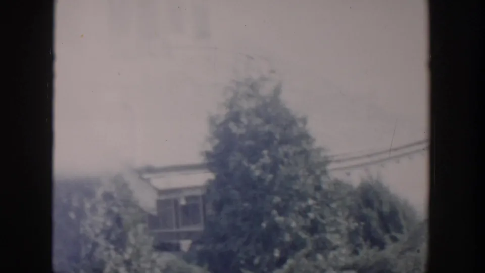 Faded 8mm view of a Grand Rapids residential roofline and large shrubs, partly blocked by a dark frame edge.