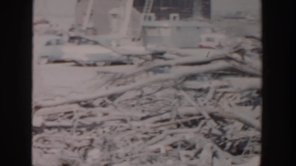 Fallen branches and rough ground sit before distant structures in 1956 Grand Rapids land-clearing footage.