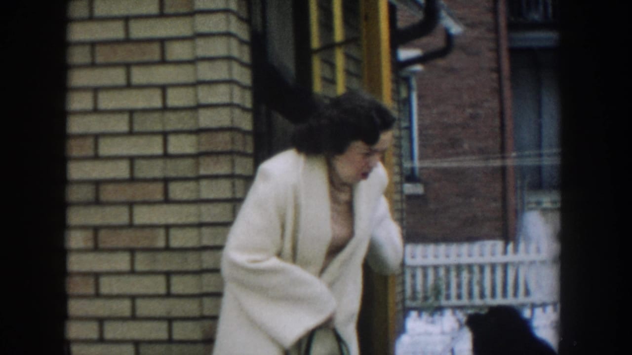 The woman turns beside the brick entry, holding a dark handbag as nearby buildings and a white fence appear in the background.