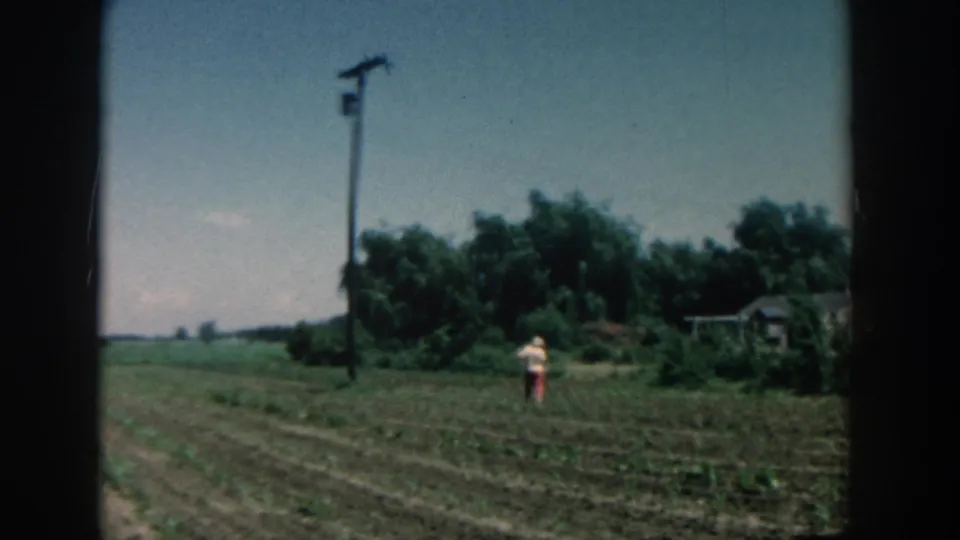 1957 Michigan home-movie frame with a person standing in the garden, rows of soil in front, trees, utility pole, and a small structure nearby.