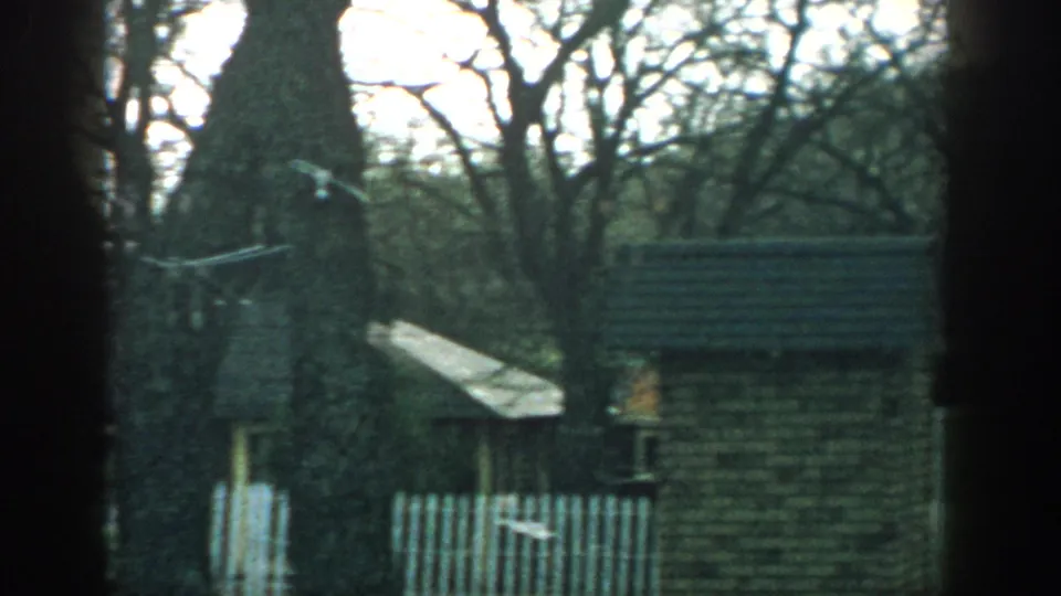 1957 Wisconsin 8mm frame showing modest houses partly hidden by trees, with a fence, bare branches, and dark film borders.