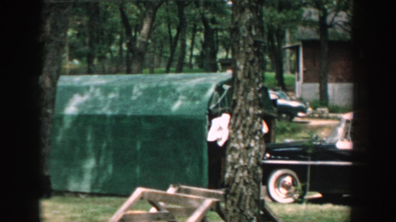 1957 Wisconsin backyard view with a green covered structure, parked mid-century car, trees, and a partially visible woman carrying a white towel.