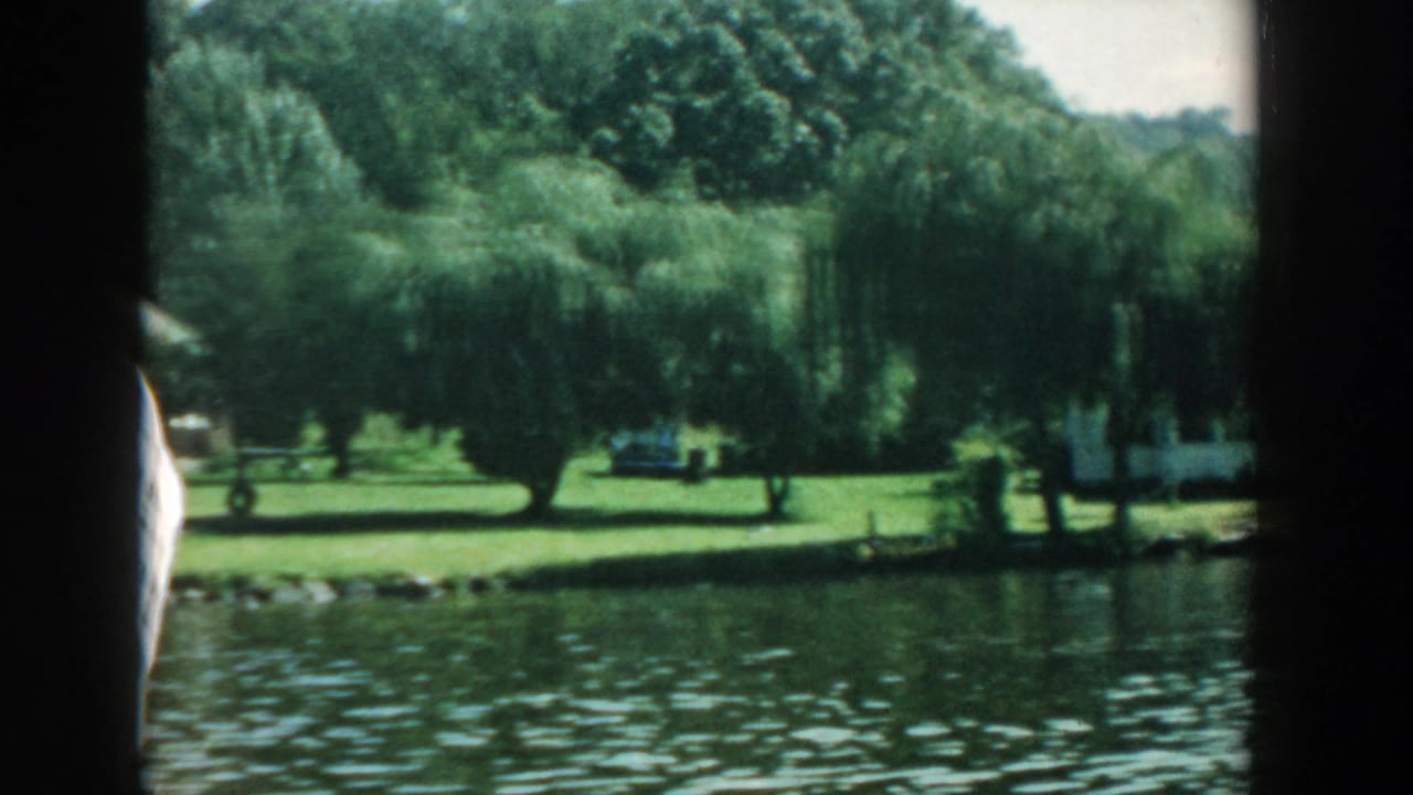 Across a lake, willow trees and a lawn stand beside a small white lakeside house.