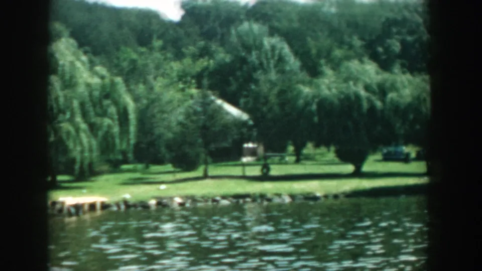 1957 Wisconsin 8mm frame showing lake water, a mown grassy bank, weeping willows, dense trees, and a small dock.