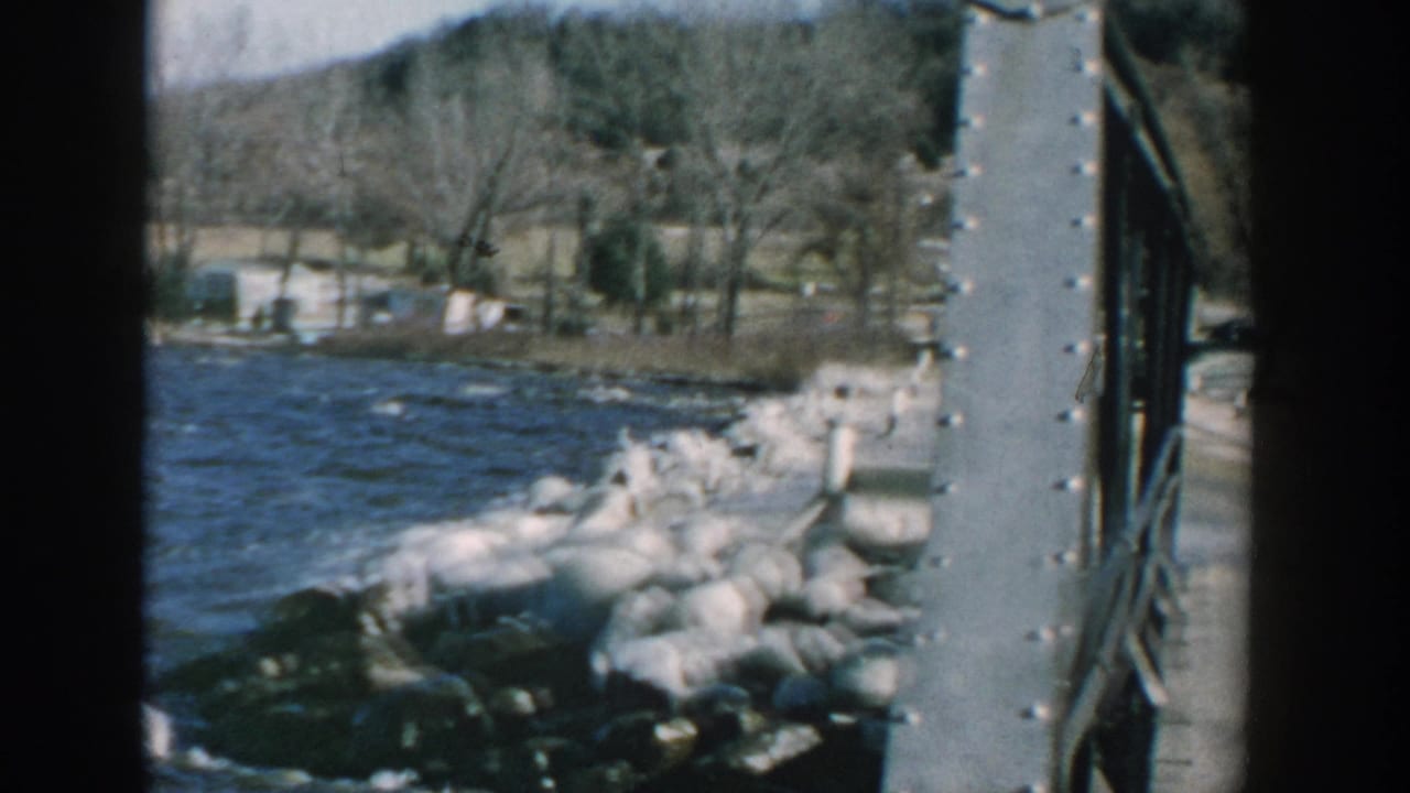 River shoreline beside a bridge with a dark sedan partly visible at the right edge.