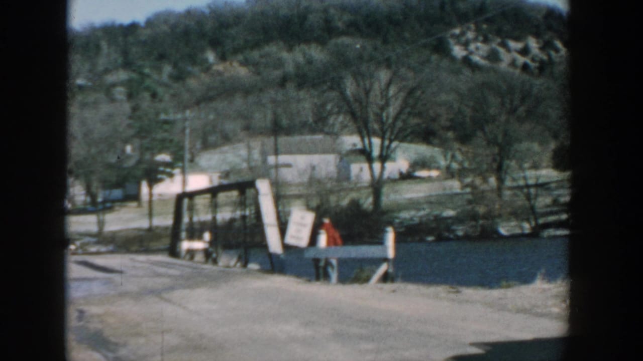 Person in a red jacket stands near a small bridge over water beside a rural road.