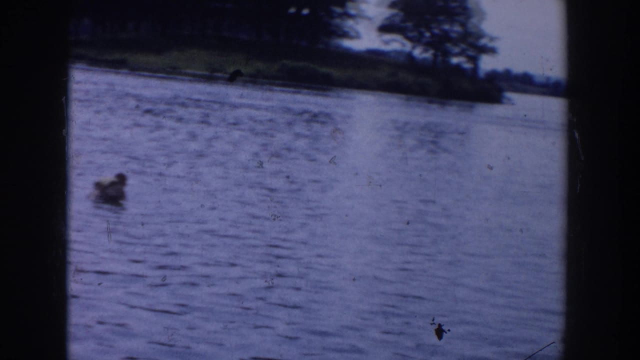 1958 Wisconsin lake footage frame with a person swimming or floating in blue water near a tree-lined bank.