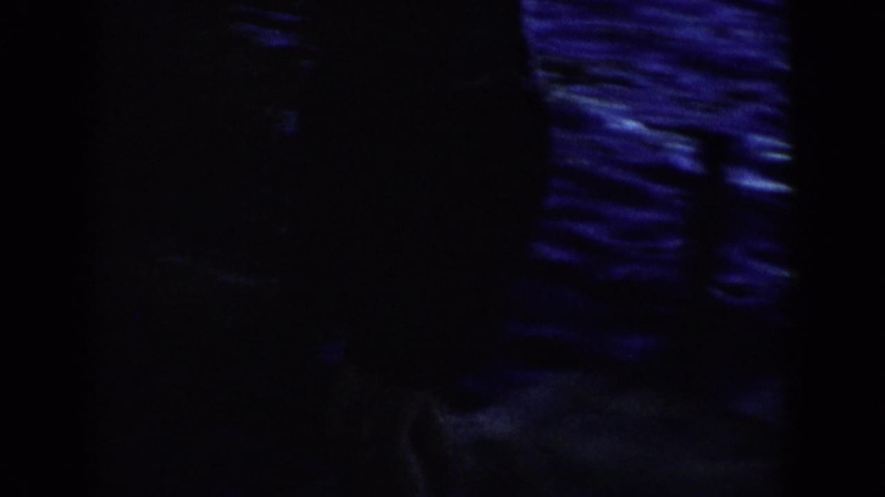 1958 Wisconsin 8mm frame with a mostly silhouetted figure against blue reflections and heavy woodland shadow.