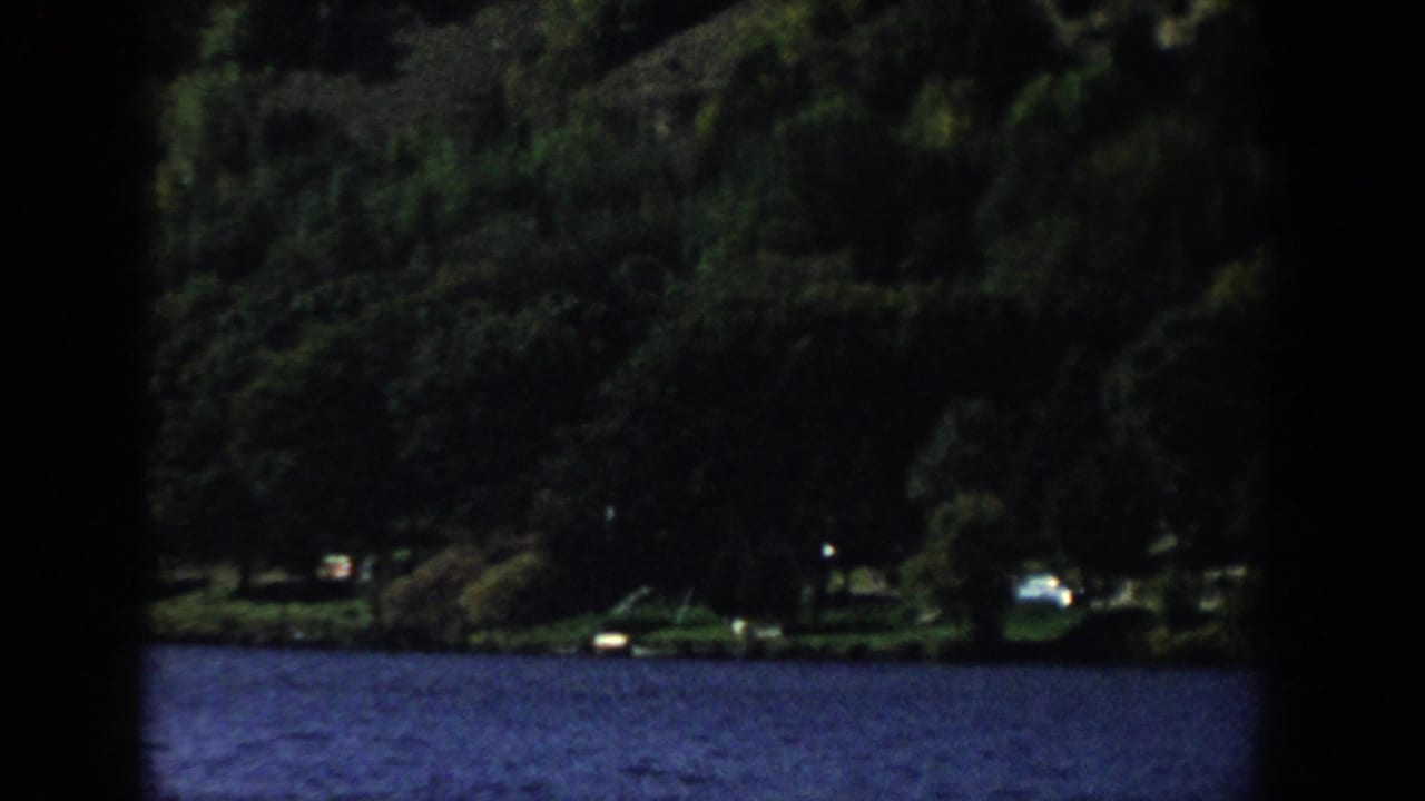 1958 Wisconsin 8mm shoreline view with dense trees, blue water, and small indistinct light objects near the lakeside.