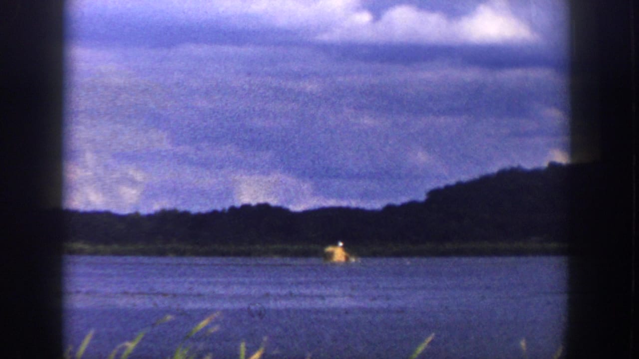 1958 Wisconsin home-movie frame showing a lake with distant wooded shoreline, cloudy sky, and soft reeds in the foreground.