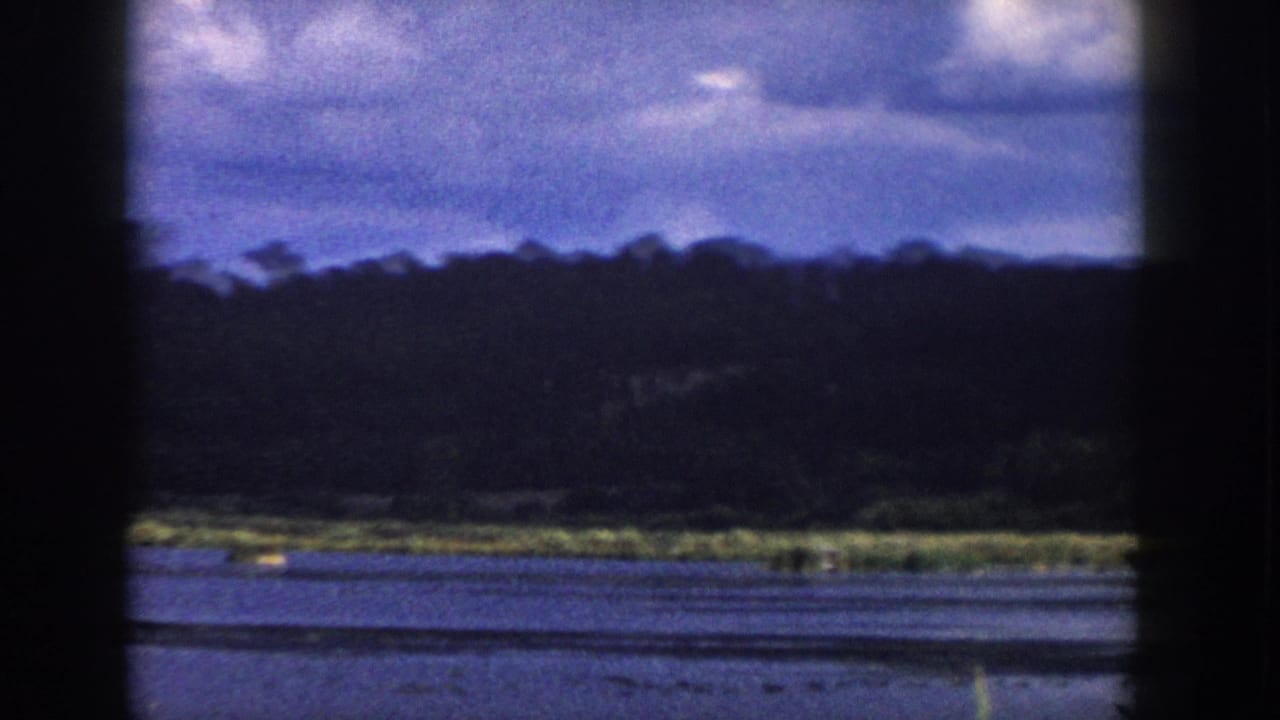 1958 Wisconsin 8mm frame showing inland water, marshy grass, a dark tree-covered hill, cloudy sky, and soft film grain.