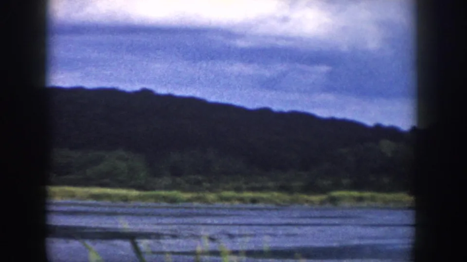 1958 Wisconsin home-movie frame with foreground reeds, blue water, green shoreline, wooded hill, and clouded sky in soft focus.