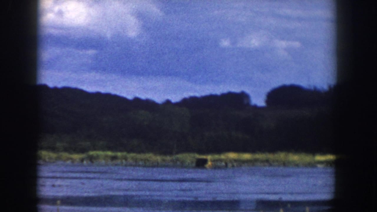 1958 Wisconsin 8mm frame showing a lake, grassy bank, and tree line viewed through dark window-like bars on a cloudy day.