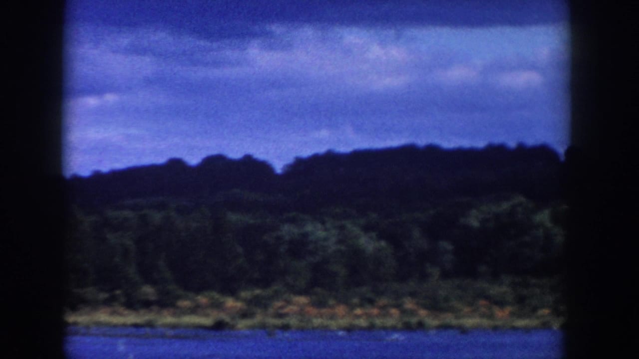 1958 Wisconsin 8mm still of lake water, dense green trees, and a clouded sky with visible grain and slight frame-edge shadowing.