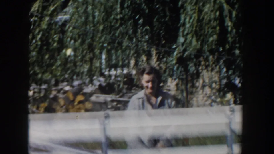 A softer exposed Wisconsin 1958 frame shows the woman partly obscured by the bright fence rail beneath dense willow branches.