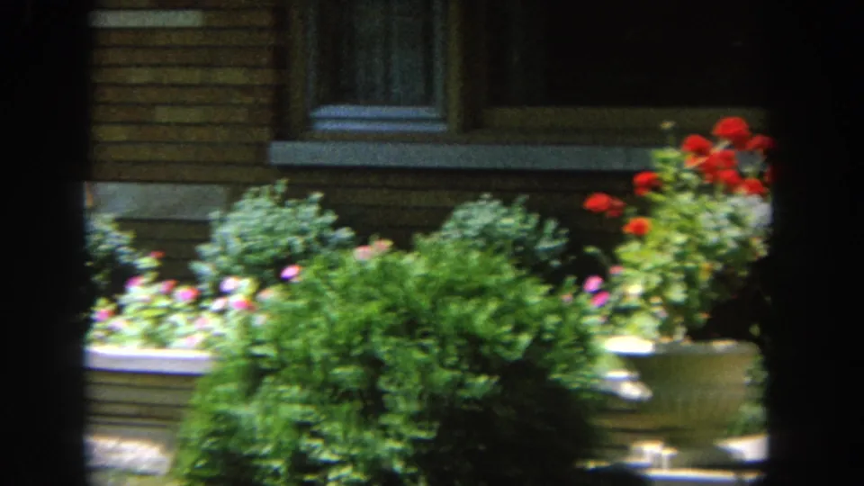 Garden view outside a Wisconsin brick residence, with red flowers, shrubs, windows, and the woman partly obscured by the frame edge.