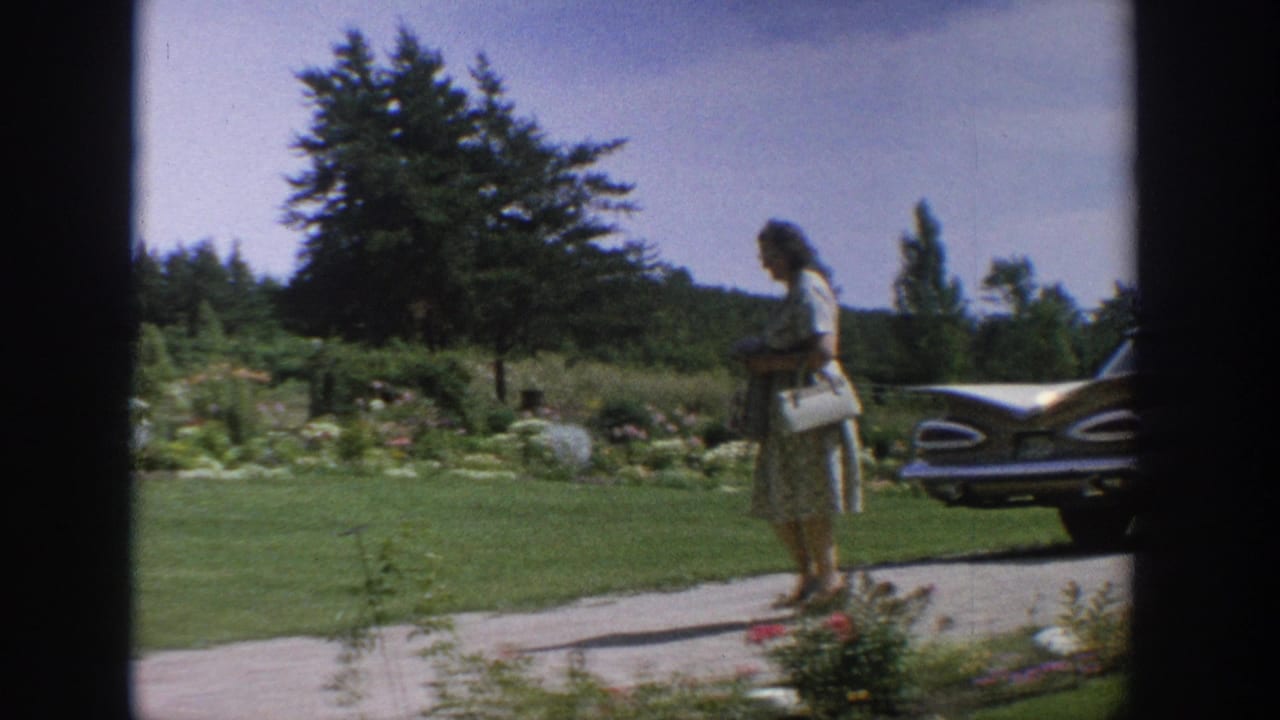 In 1964 Wisconsin home-movie footage, a woman carrying a white handbag walks through a garden area beside a cement path and vintage car.