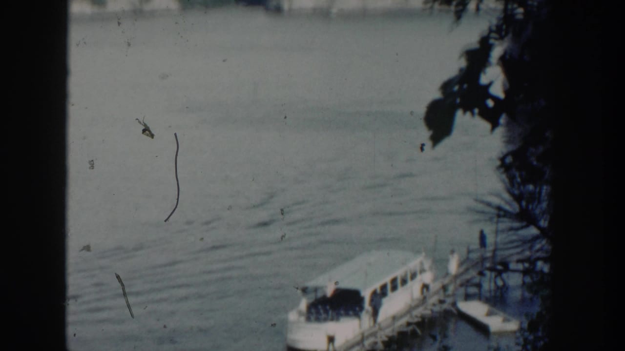 Docked passenger boat and pier appear at the edge of a calm lake, partly blocked by film borders.