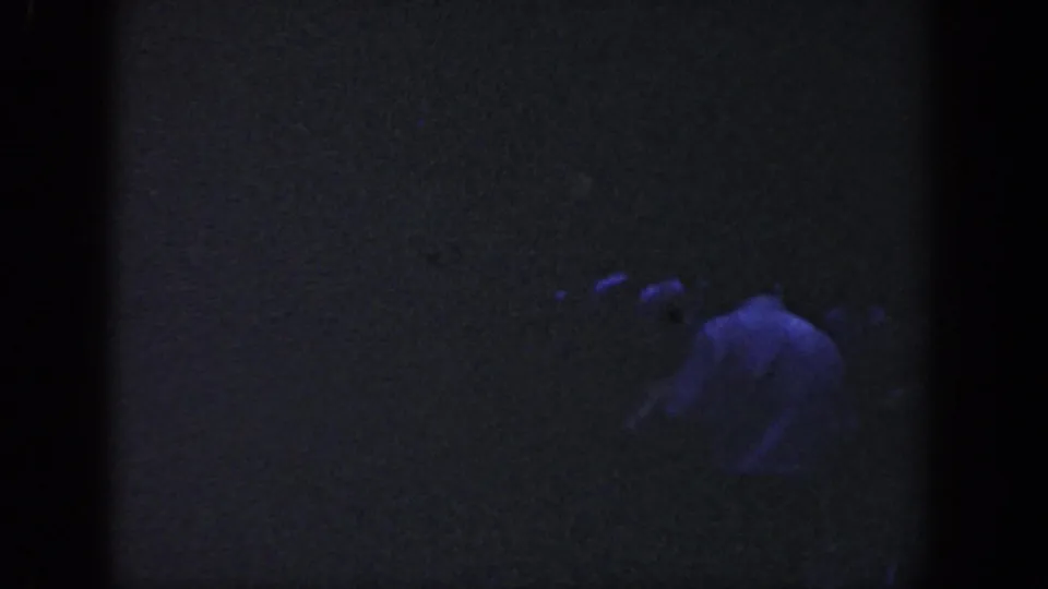 1964 Wisconsin night footage frame with a dimly lit person bending or leaning in a dark outdoor area.