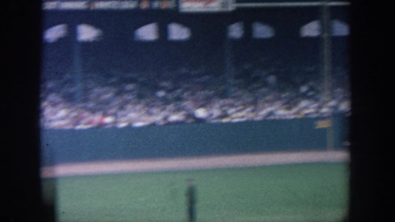 Outfield wall and crowded stadium seating seen through dark vertical barriers.