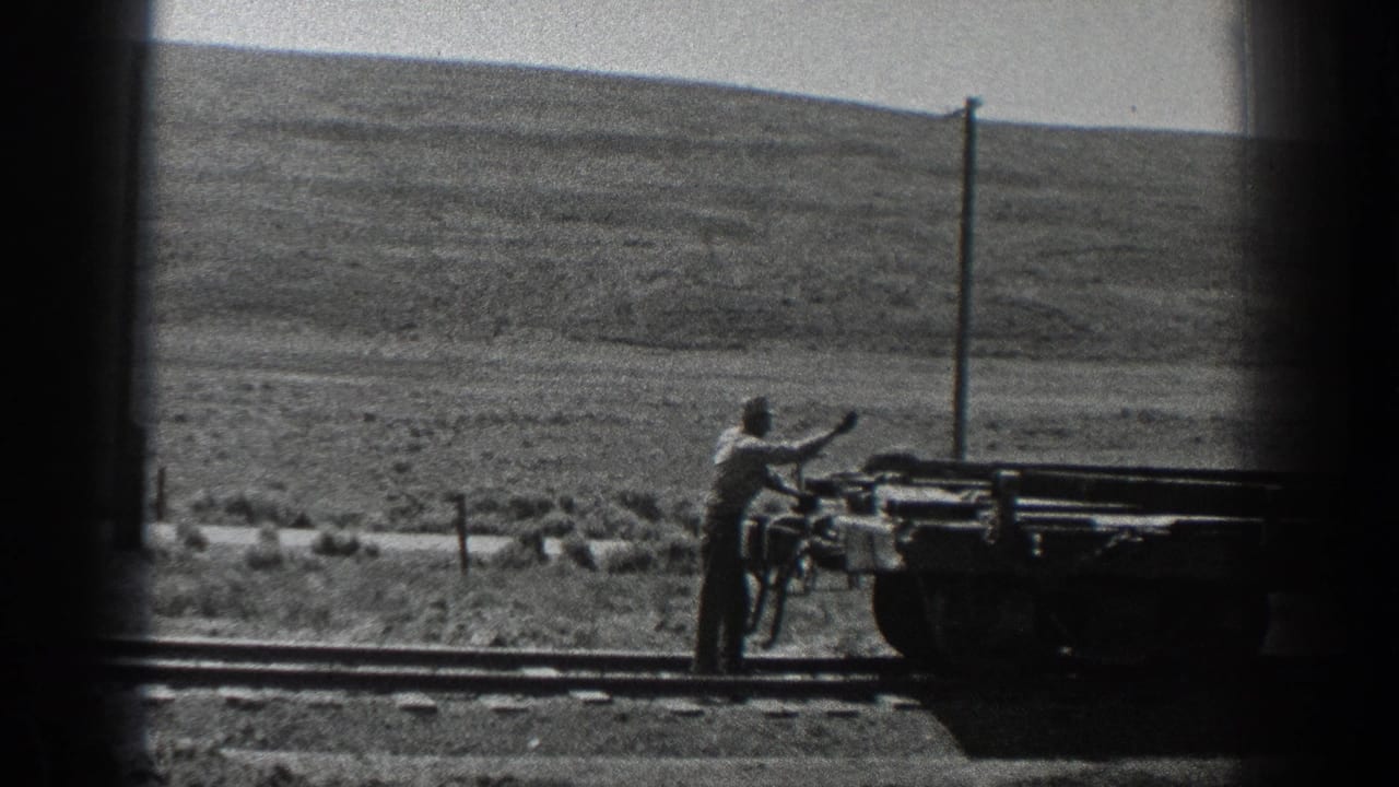 Worker stands beside rail tracks near a large machine in an open landscape.