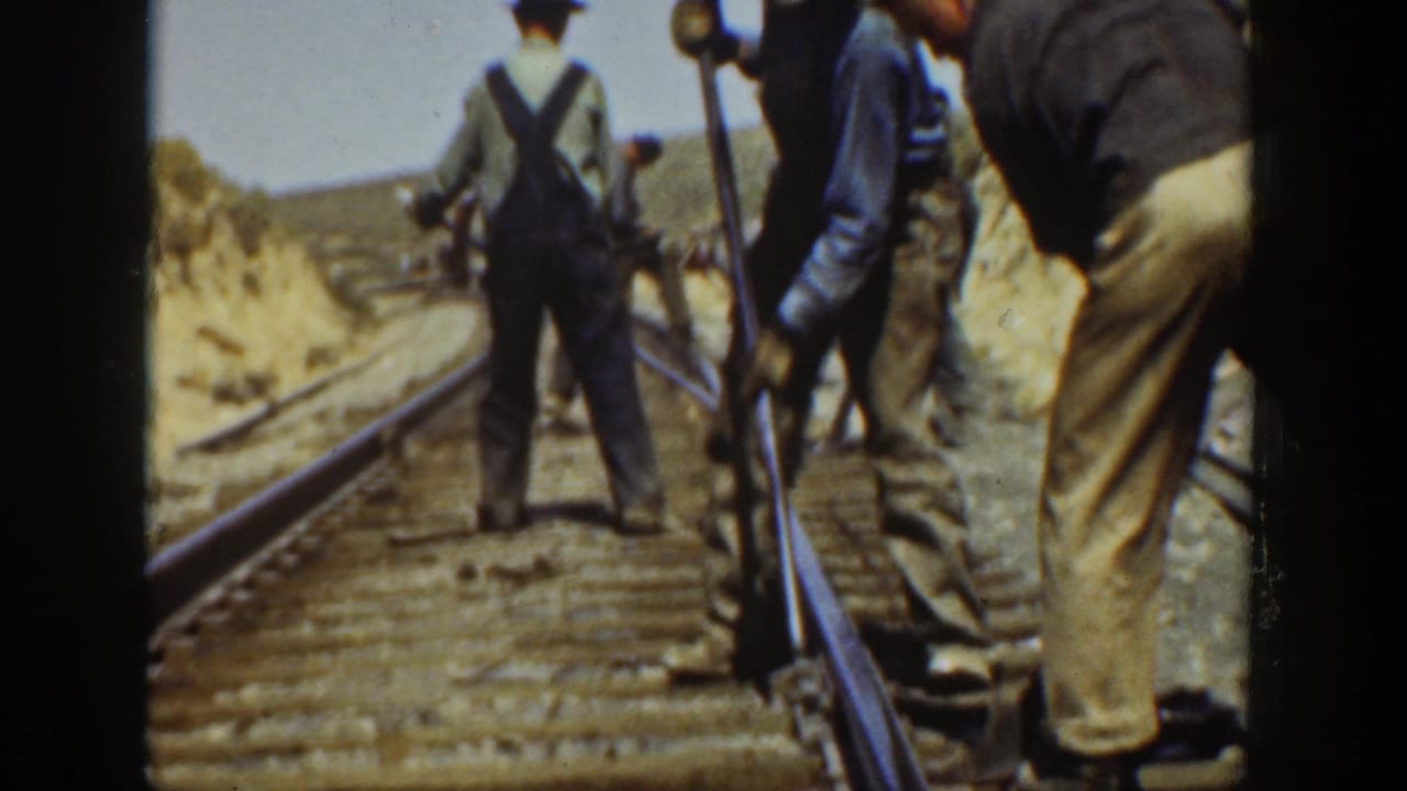 Railroad workers seen from behind while handling tools beside the track.