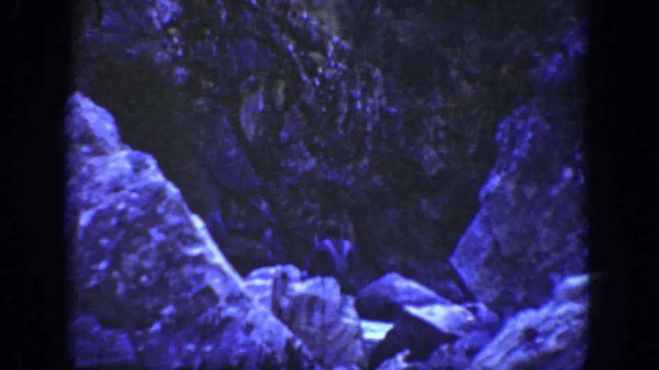 Blue-tinted 8mm frame showing rocky formations and boulders, possibly water or cave imagery, before the canyon scene changes.