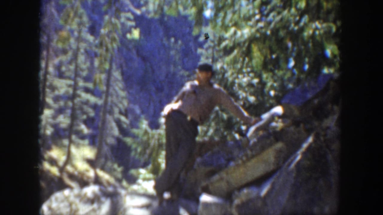 Man stands on boulders beside a forest stream.