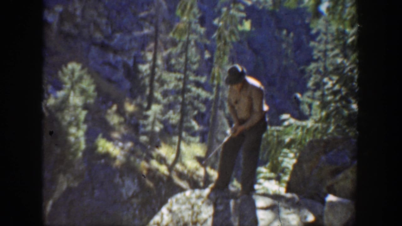 A man with a fishing rod stands on boulders beside a mountain stream in a conifer forest, supported by California 1936 metadata.