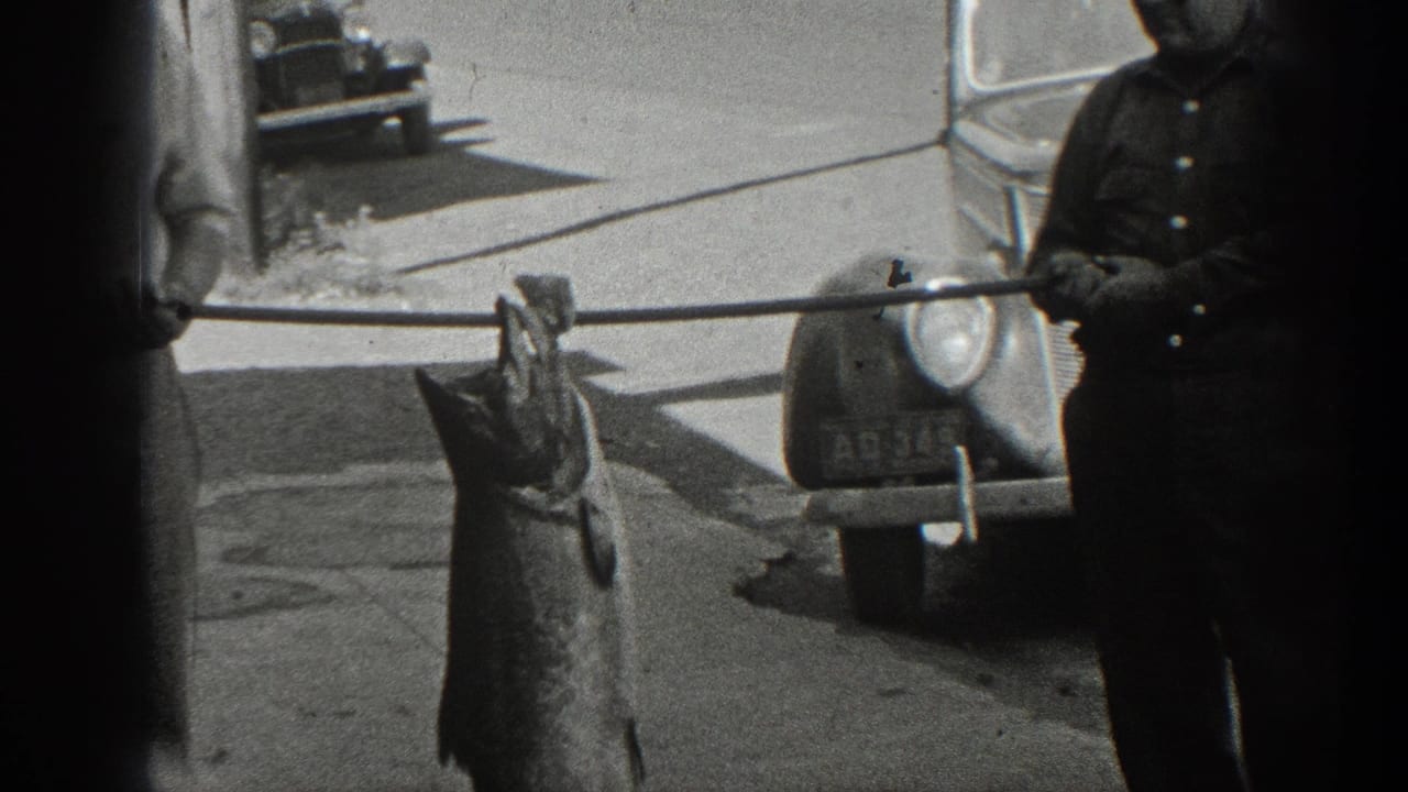 1936 California 8mm frame showing men on a street with a large fish suspended from a pole and vintage automobiles behind them.