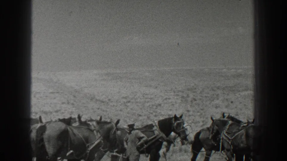 Wide 1936 California home-movie view of horses and men crossing or gathering on a dry plain.