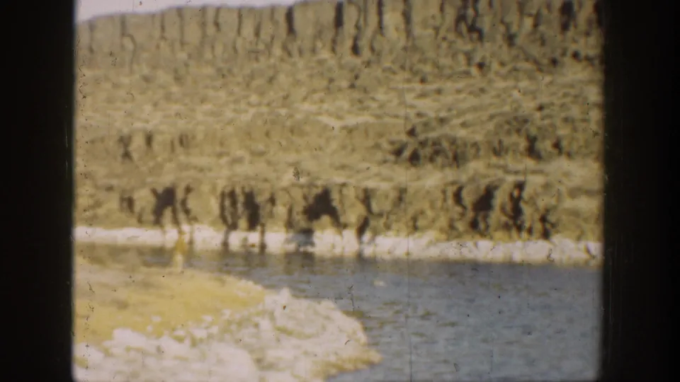 Soft 8mm frame of a California shoreline in 1936, with calm water, cliff face, and a small adult figure near the beach.