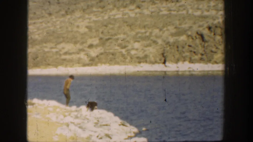 Soft 8mm frame from California showing the boy near the lake as the black-and-white dog pauses low on the rocks.