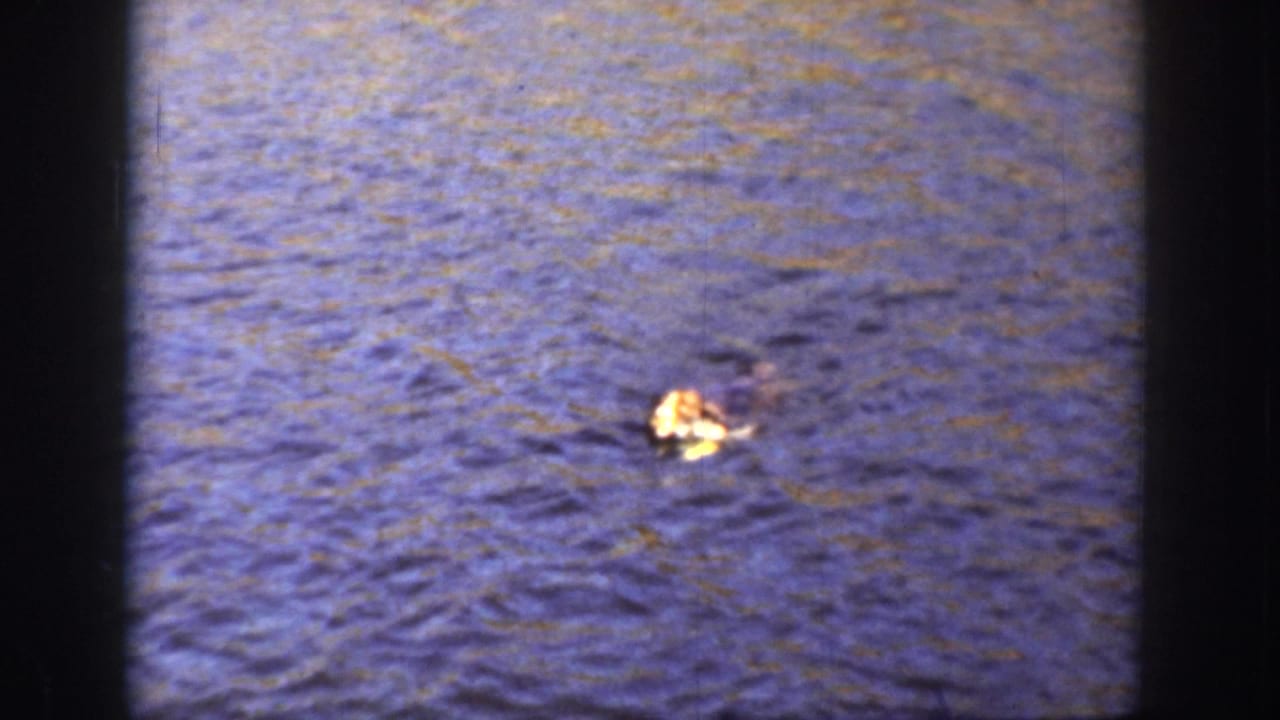 Distant view of a dog moving through the ocean in 1936 California home-movie footage, with visible grain and color fading.