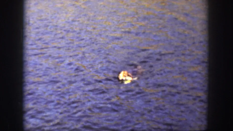 Distant view of a dog moving through the ocean in 1936 California home-movie footage, with visible grain and color fading.