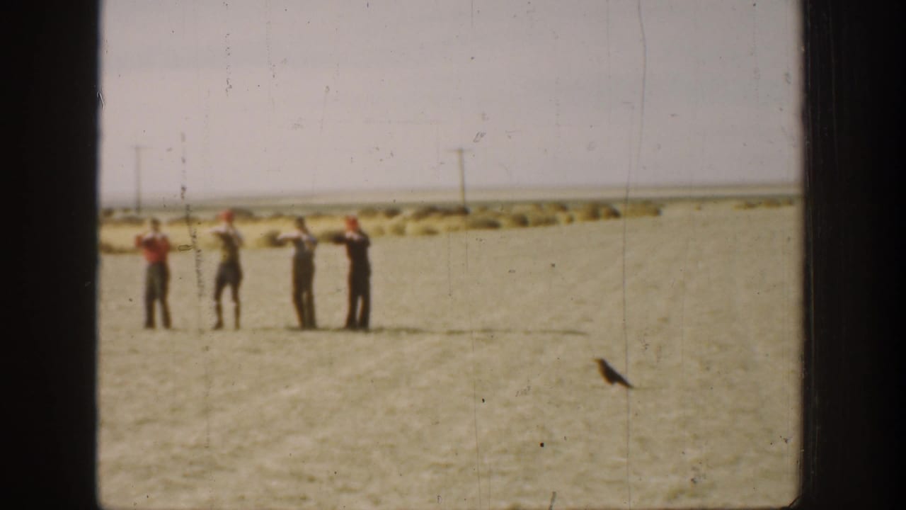 In 1930s California home-movie footage, four men stand in an arid field and aim rifles across the sand.