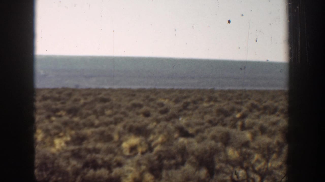 Arid brush and a distant blue horizon divided by a dark vertical window post.