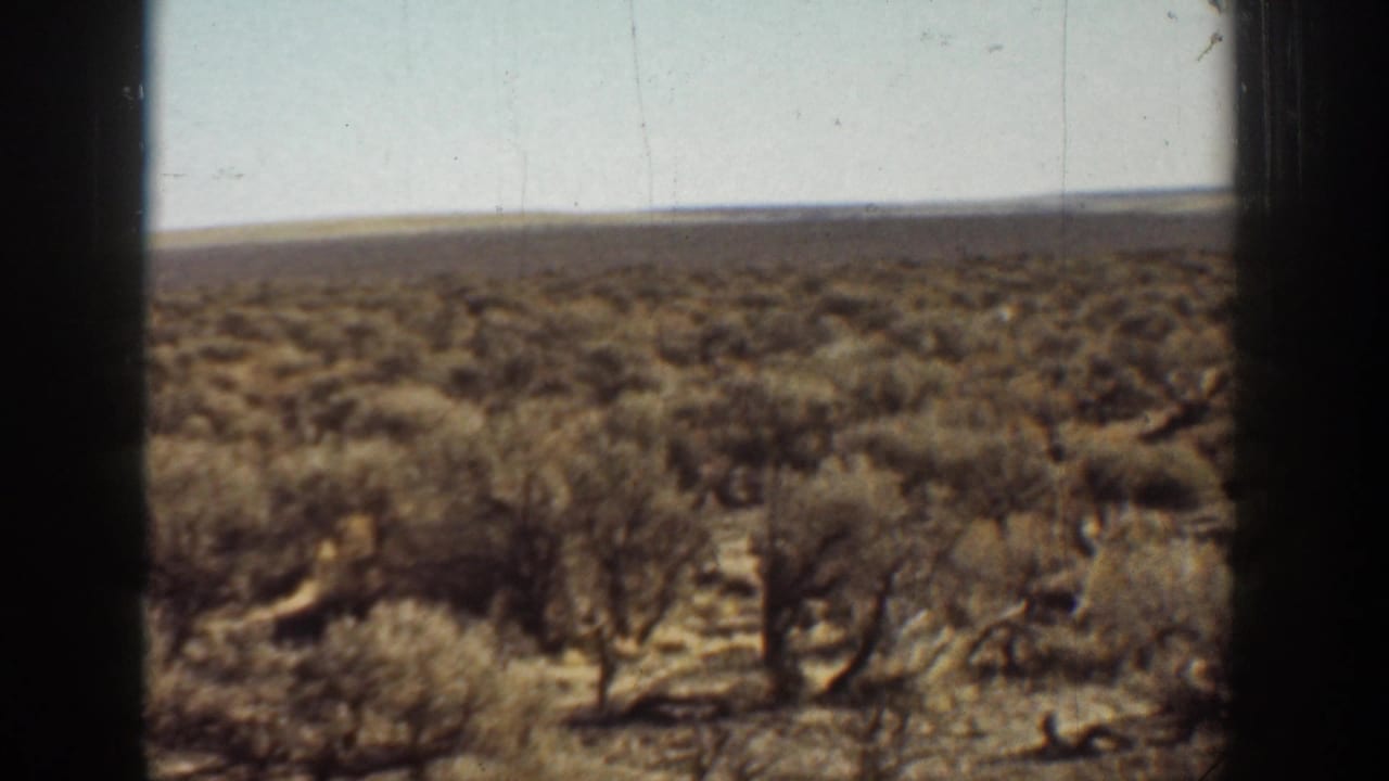 Sparse desert vegetation and low hills framed by dark vertical edges.