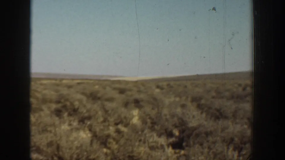 1936 California home-movie frame showing dry shrubs, distant low hills, and dark window framing.
