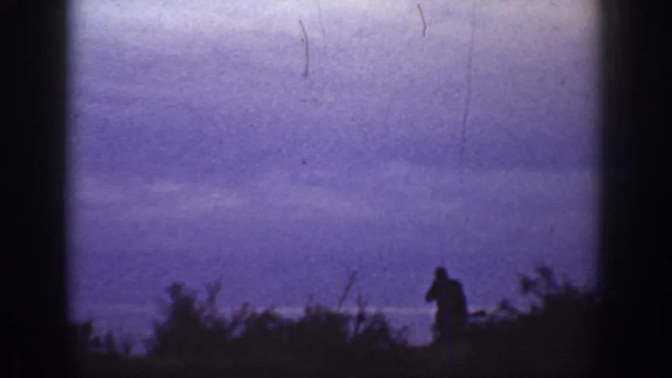 A distant silhouetted person crosses a brushy California field line in low dusk light, with film scratches visible.